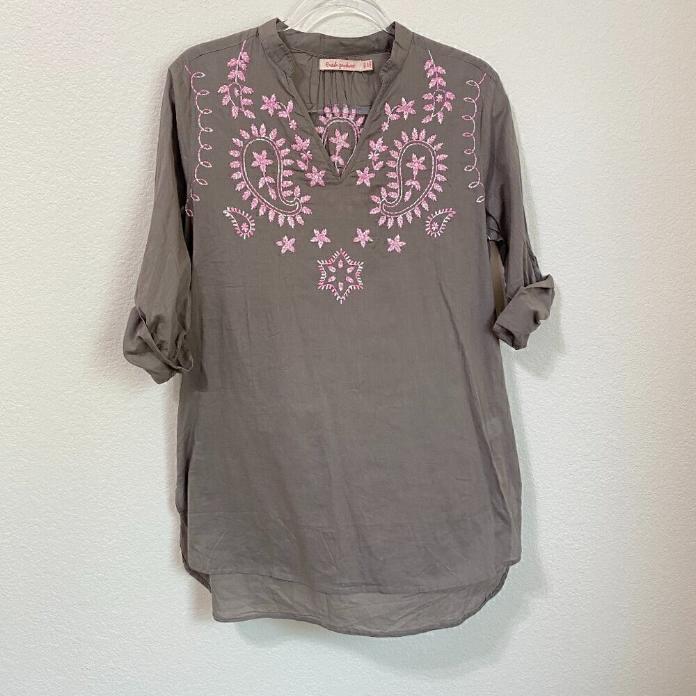 Fresh Produce Charcoal Gray MISTY Pink Embroidered Tunic Top XS/S